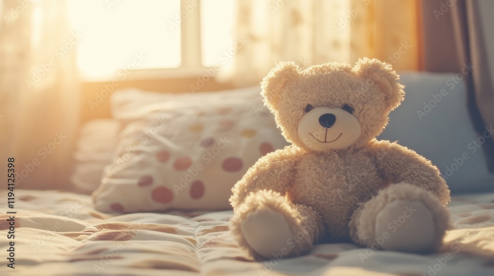 A cuddly teddy bear sits on a fluffy bed, bathed in warm sunlight, creating a cozy and inviting atmosphere