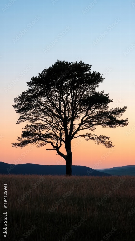 The shadow of a lone tree with the horizon in the background, the soft light of dusk casting a calming effect. The shadow of a lone tree with the horizon in the background, the soft light of dusk casting a calming effect.
