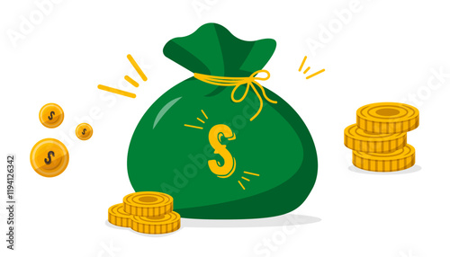 Green money bag tied with a yellow string, surrounded by gold coins on a white background, symbolizing wealth and financial success