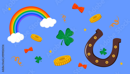 Lucky symbols including rainbow, coins, clovers, horseshoe, and stars in a cartoon style on a blue background. St. Patrick's Day concept