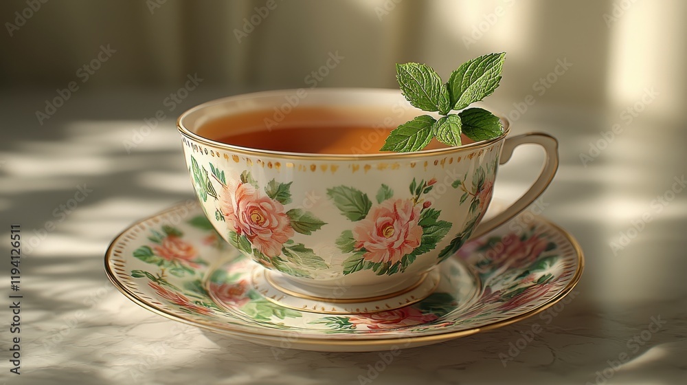 Floral teacup with herbal tea and mint leaf on saucer. Floral teacup with herbal tea and mint leaf on saucer.