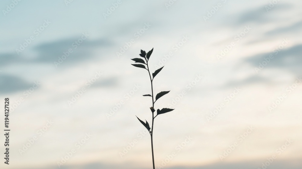 Obraz premium Silhouetted plant stem against a soft, cloudy sky.