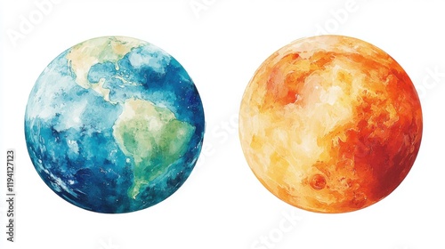 Wallpaper Mural Watercolor Artwork of Earth and Mars Side by Side Illustration Torontodigital.ca