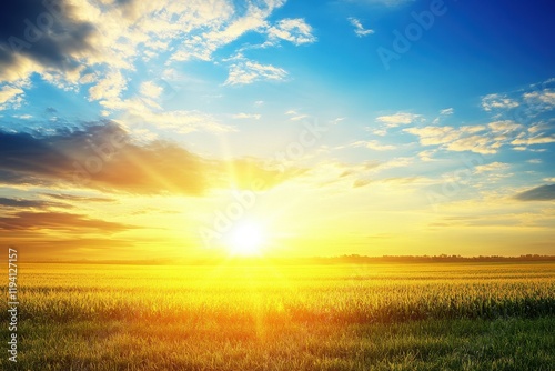 Stunning Sunrise Over a Serene Landscape with Vibrant Skies and Lush Green Fields Bathed in Golden Light at Dawn, Perfect for Nature and Tranquility Themes photo