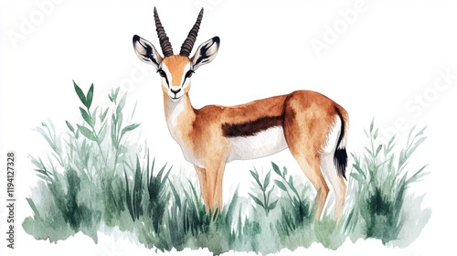 Elegant Gazelle in Lush Greenery: A Watercolor Illustration