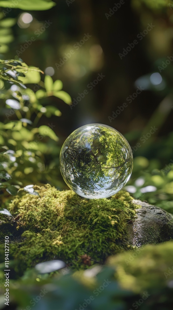 A crystal globe resting on green moss in a lush forest, symbolizing the protection and care of nature, representing the commitment to sustainable practices, environmental ecology, and Earth Day, while A crystal globe resting on green moss in a lush forest, symbolizing the protection and care of nature, representing the commitment to sustainable practices, environmental ecology, and Earth Day, while