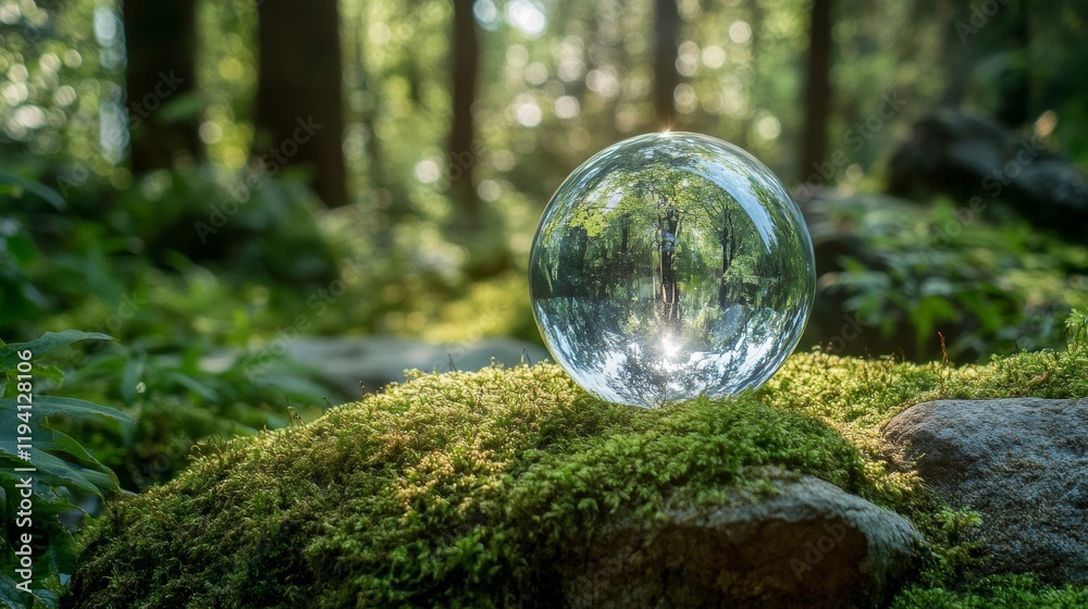 A crystal globe resting on green moss in a lush forest, symbolizing the protection and care of nature, representing the commitment to sustainable practices, environmental ecology, and Earth Day, while A crystal globe resting on green moss in a lush forest, symbolizing the protection and care of nature, representing the commitment to sustainable practices, environmental ecology, and Earth Day, while