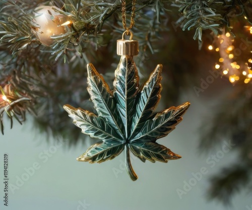 Christmas tree ornament shaped like a marijuana leaf hanging on a gold chain with lights in blurred background. photo