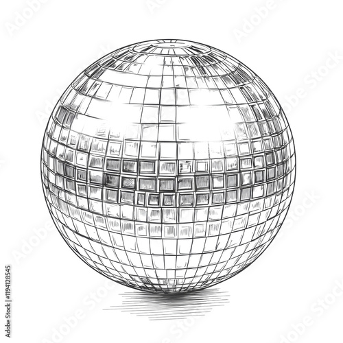 The image shows a detailed sketch of a spherical object resembling a disco ball with a grid pattern reflecting light. photo