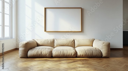Modern Minimalist Living Room with Empty Frame and Cozy Sofa