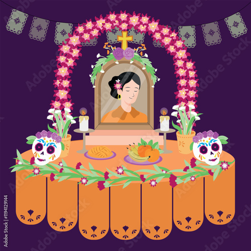 illustration of family home altar for day of the dead filled with flowers, food, fruits and skulls