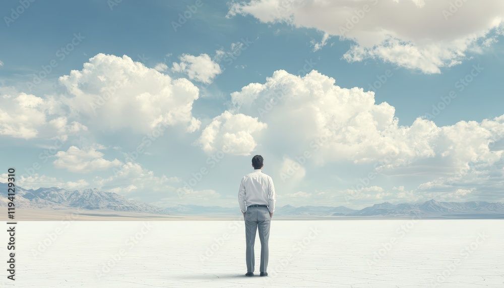 Man in minimalist attire standing in a vast desert landscape, back view, isolated and introspective Man in minimalist attire standing in a vast desert landscape, back view, isolated and introspective