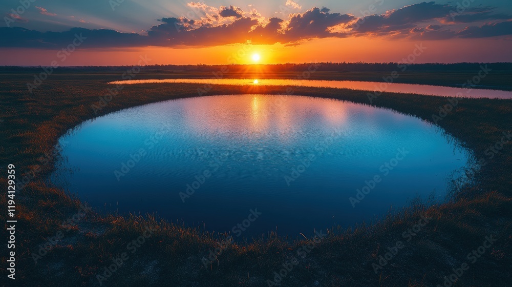 Fototapeta premium Serene Sunset Over Tranquil Ponds with Vibrant Sky Reflecting on Calm Water Surrounded by Lush Greenery and Dramatic Cloud Formation