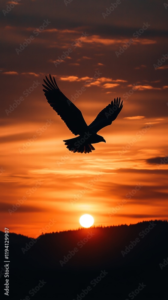 Fototapeta premium The silhouette of a bird flying across the sky, casting its shadow on a field below.
