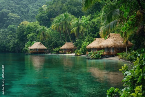 Overwater bungalows reflecting in the calm lagoon water of a tropical island