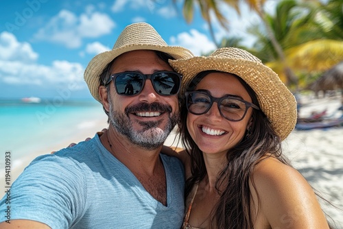 Happy couple taking selfie on tropical beach vacation