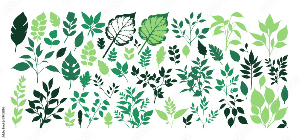 Set of Various Green Plant Leaves Elements Set of Various Green Plant Leaves Elements