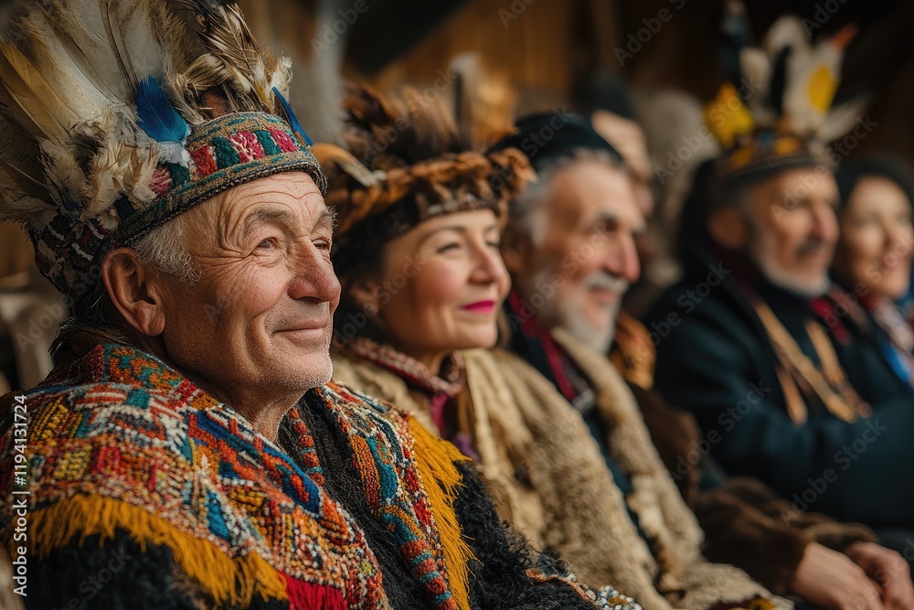 Fototapeta premium Indigenous people wearing traditional clothes smiling together