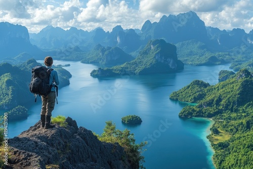 Tourist enjoying breathtaking view of cheow lan lake in khao sok national park, thailand photo