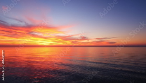 Breathtaking ocean sunset with fiery clouds and tranquil reflections, ideal for serene and inspirational wall art