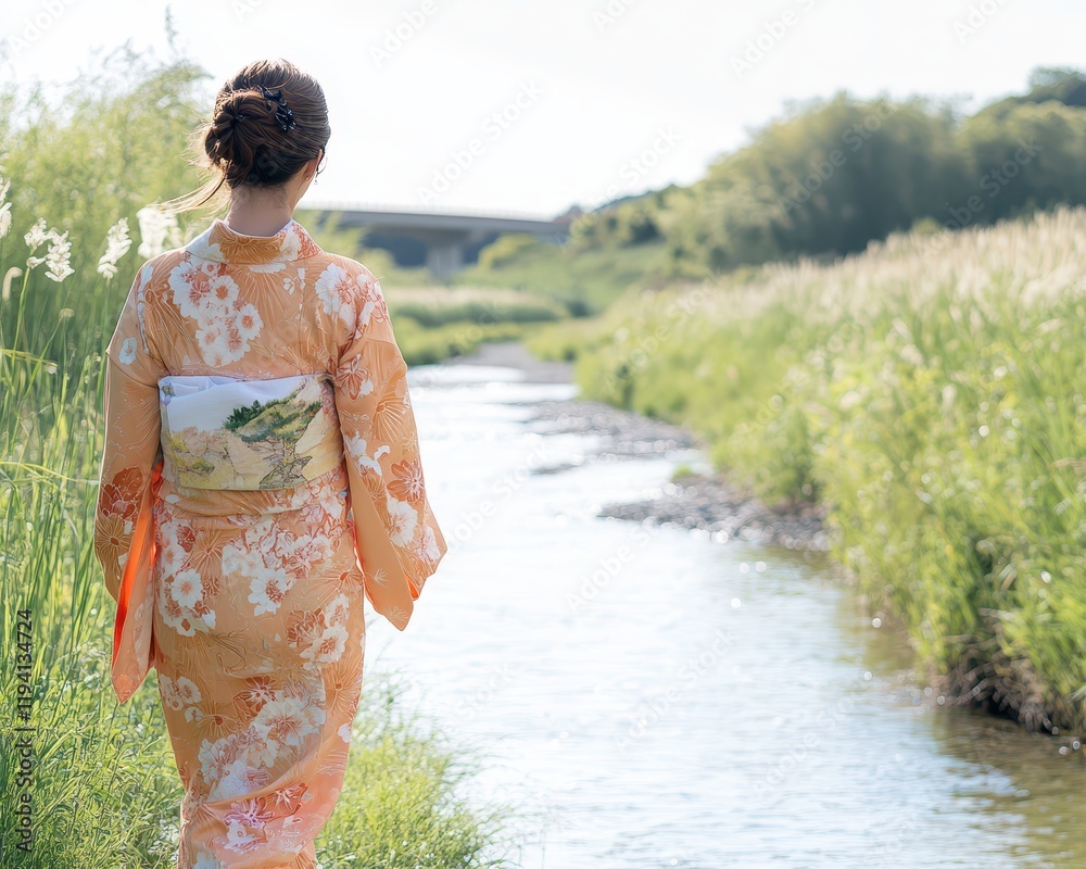Woman in a traditional yukata walking alongside a riverbank, back view, gentle cultural moment Woman in a traditional yukata walking alongside a riverbank, back view, gentle cultural moment