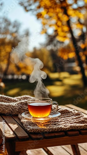 Warm cup of tea with steam rising on a sunny autumn afternoon in a serene park setting