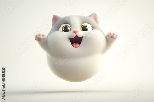 A cute, cartoonish gray and white cat with a joyful expression, floating in mid-air.