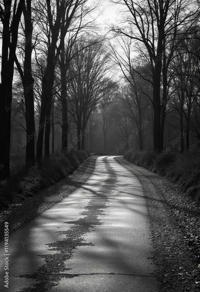 Black and white paved road with trees lining both sides Black and white paved road with trees lining both sides