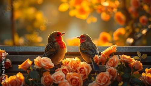 Golden Hour Birds: Two Crimson-breasted Birds Amidst Peach Roses photo