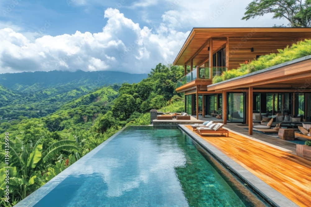 Fototapeta premium Modern sustainable luxury home with infinity pool overlooking tropical rainforest mountains