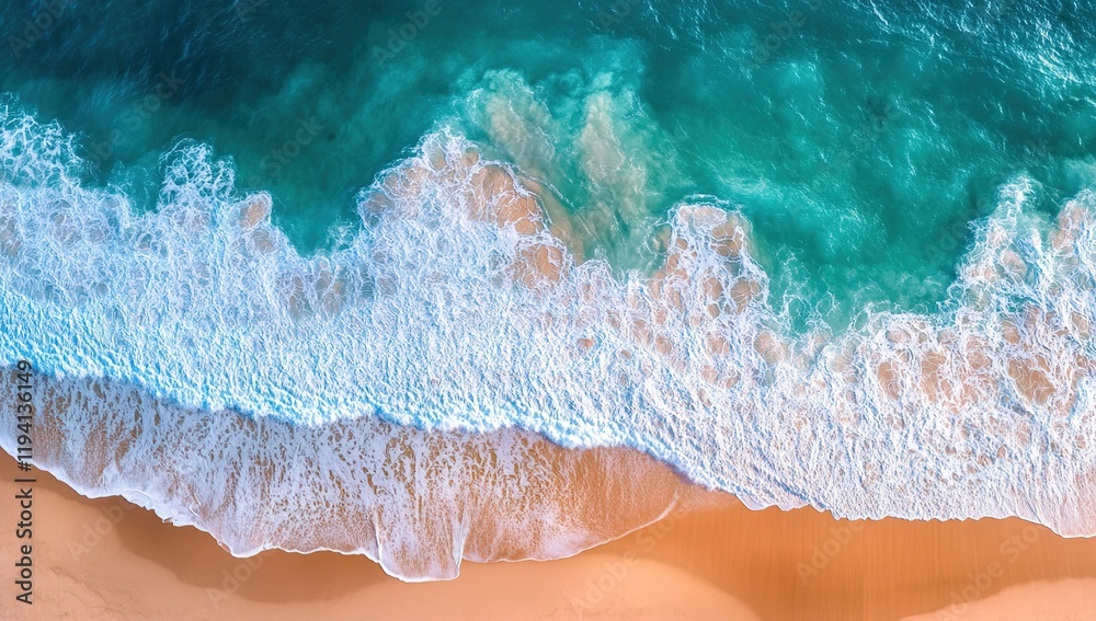 Fototapeta premium Ocean Waves Crashing on Sandy Beach: Aerial View of Turquoise Water, White Foam, Coastal Serenity, Summer Vacation, Relaxing Scenery