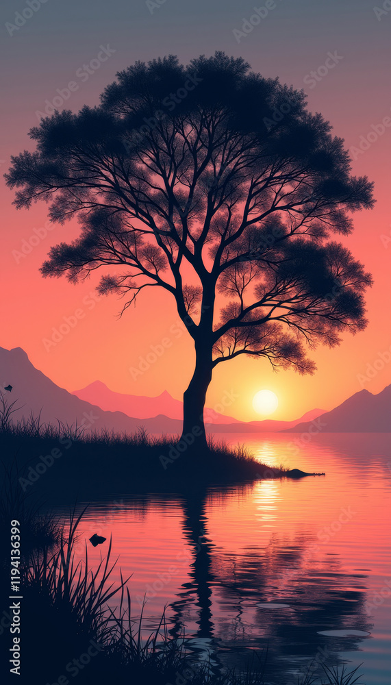 Fototapeta premium Tree Silhouette by Water at Sunset
