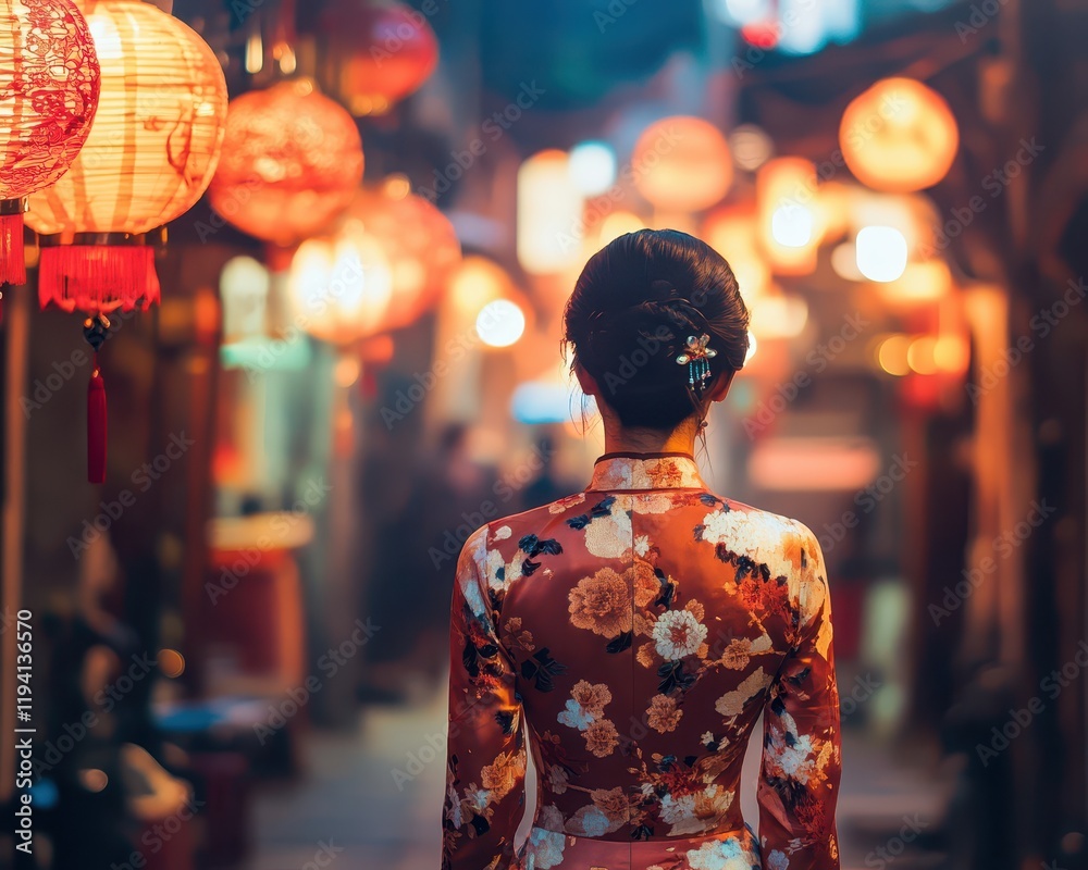 Woman in a traditional qipao walking through a lanternlit street, back view, cultural elegance Woman in a traditional qipao walking through a lanternlit street, back view, cultural elegance