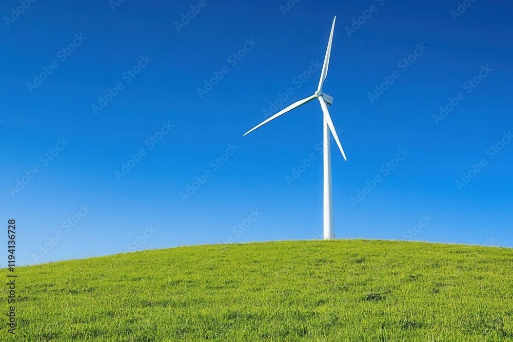 Isolated Wind Turbine on a Green Hill Under Clear Blue Sky, Representing Renewable Energy and Sustainable Development for Eco-Friendly Initiatives Isolated Wind Turbine on a Green Hill Under Clear Blue Sky, Representing Renewable Energy and Sustainable Development for Eco-Friendly Initiatives