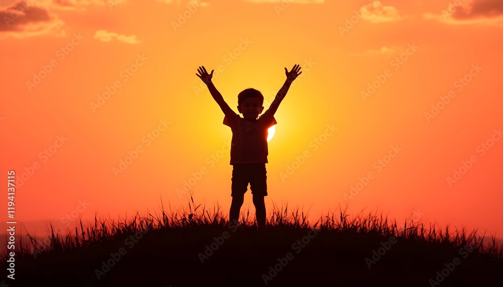 Triumphant Moment: A Boy's Silhouette Embracing Achievement at Sunrise Triumphant Moment: A Boy's Silhouette Embracing Achievement at Sunrise