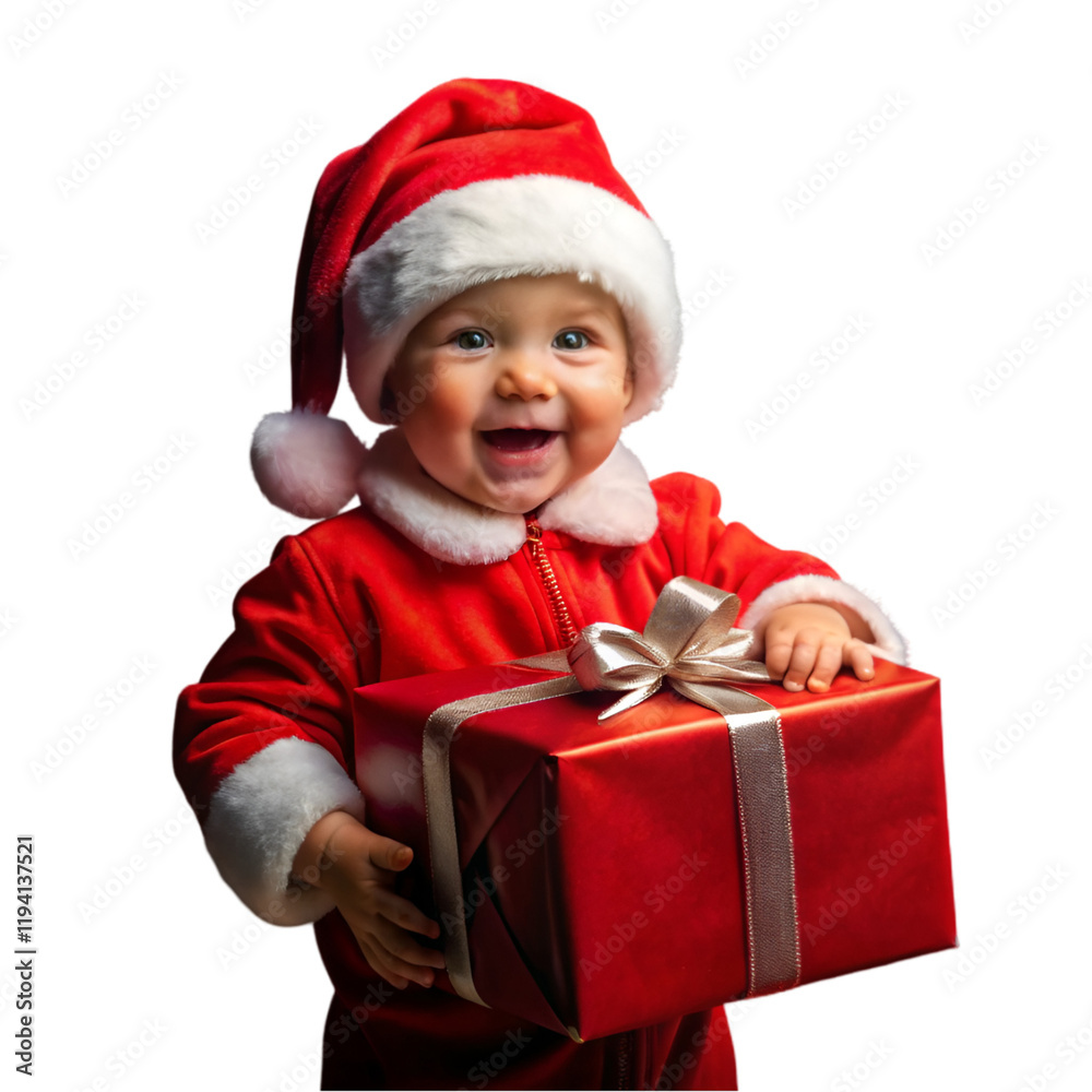 cute little boy in senta's dress holding red gift box with cute smile on white background cute little boy in senta's dress holding red gift box with cute smile on white background