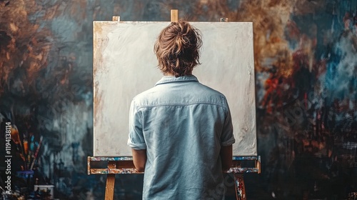 A painter staring at a blank canvas, their expression a mixture of anticipation and anxiety