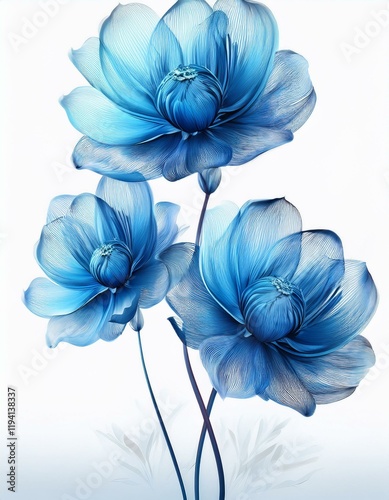 Generated image 3 surreal exotic high quality blue flowers macro isolated on white. Greeting card objects for anniversary, wedding, mothers and womens day design
