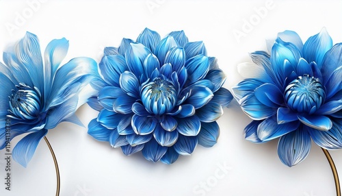 Generated image 3 surreal exotic high quality blue flowers macro isolated on white. Greeting card objects for anniversary, wedding, mothers and womens day design