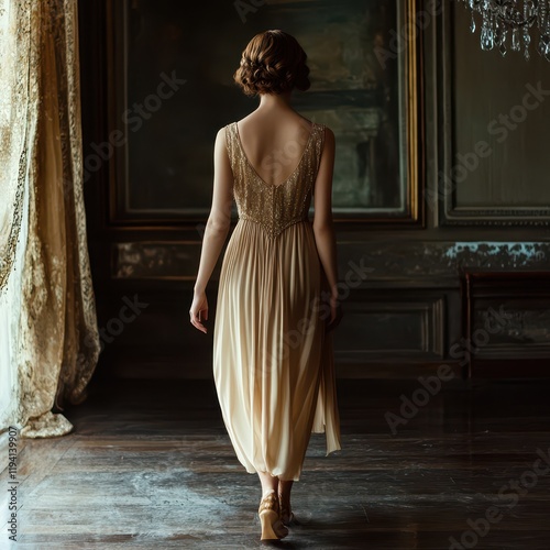 Woman in a vintage dress walking into a 1920s ballroom, back view, timeless elegance and nostalgia