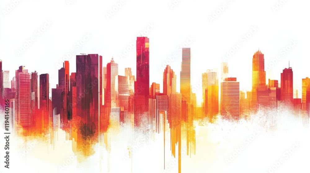 Fototapeta premium Abstract City Skyline with Vibrant Colors at Sunset, Artistic Digital Illustration Representing Urban Life Dynamics and Modern Architecture Elements in a Unique Style