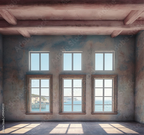 wall An empty vintage interior with a traditional italian  french seaside aesthetic.three medium windows placed side by side  offering a stunning and picturesque view  a vibrant scene of a pier