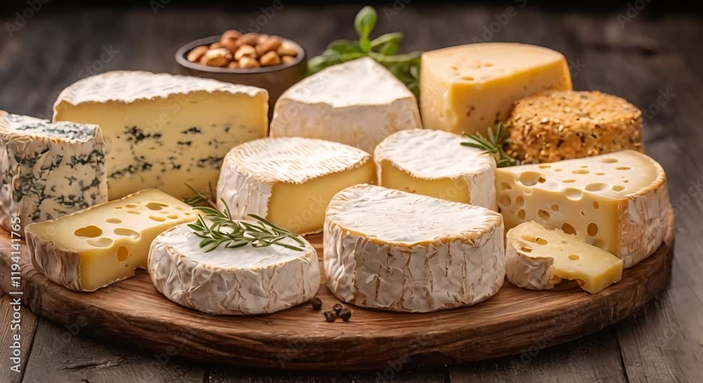 A variety of cheeses displayed on a wooden board with nuts and herbs for a gourmet presentation. A variety of cheeses displayed on a wooden board with nuts and herbs for a gourmet presentation.