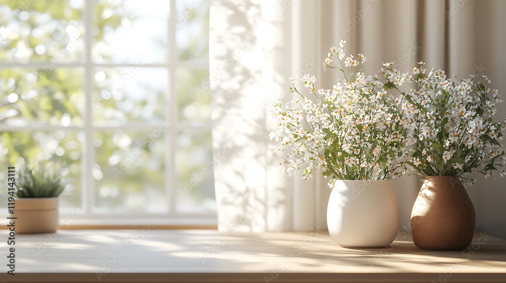 An elegant and modern minimalist workspace, featuring clean lines, a white desk, simple floral arrangements in earthy-toned vases, sunlight softly spilling across the room, An elegant and modern minimalist workspace, featuring clean lines, a white desk, simple floral arrangements in earthy-toned vases, sunlight softly spilling across the room,