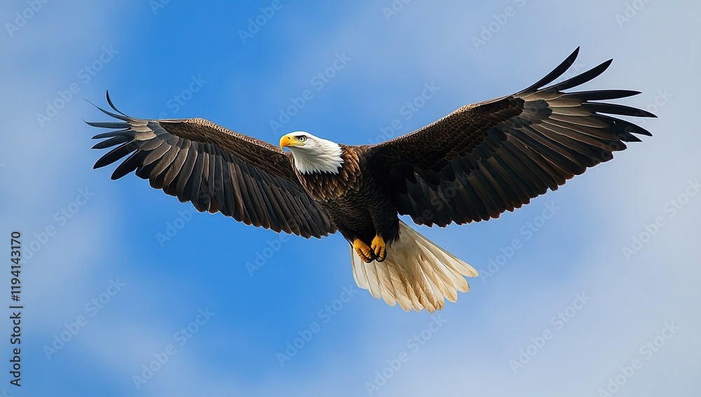 Obraz premium Majestic Bald Eagle Soaring Gracefully Through Azure Sky with Powerful Wings, Displaying Freedom and Wilderness