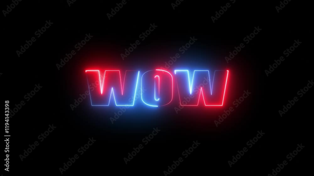 Wow neon sign animation. Glowing neon lines wow text animation on signboard concept design background element sign symbol art graphic style red and blue color icon.