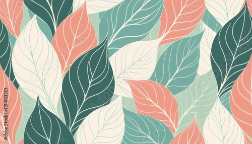 Wallpaper Mural Seamless Pattern, Pastel Leaves Background: Elegant Botanical Illustration with Soft Teal, Peach, and Cream Leaf Designs Torontodigital.ca
