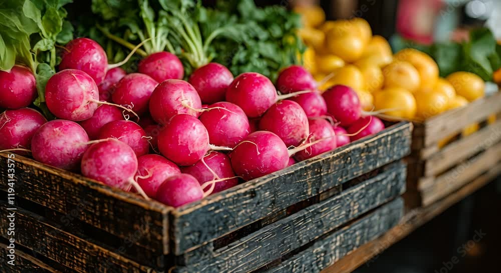 Fresh produce display featuring vibrant radishes and lemons in wooden crates.