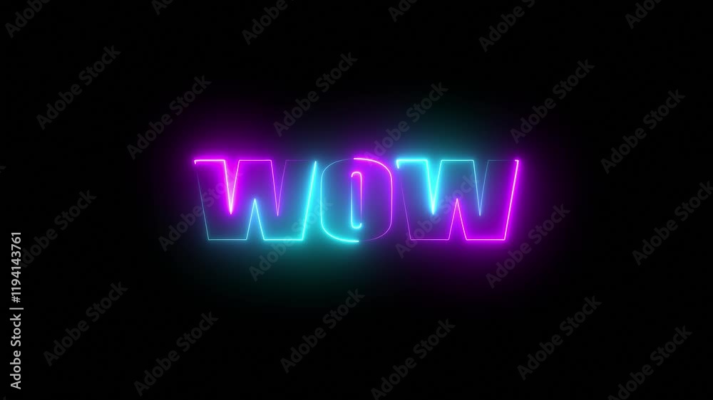 Wow neon sign animation. Glowing neon lines wow text animation on signboard concept design background element sign symbol art graphic style purple and cyan color icon. Wow neon sign animation. Glowing neon lines wow text animation on signboard concept design background element sign symbol art graphic style purple and cyan color icon.