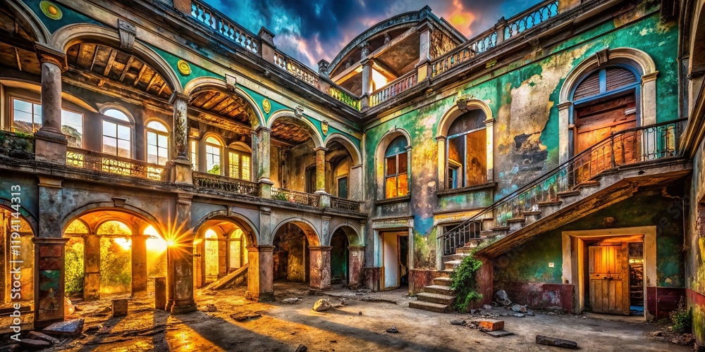 Naklejka premium Abandoned Urban Beauty: Decaying Architecture's Intricate Details